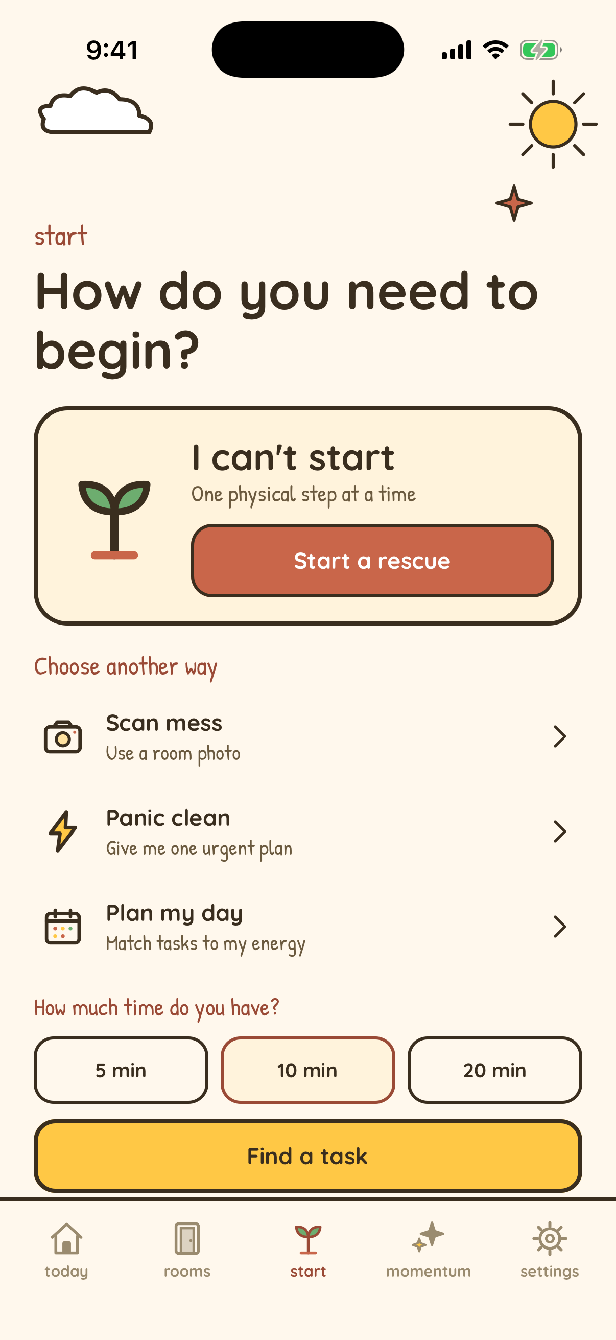 Nudge Start screen on iPhone with Start Rescue, Scan Mess, Panic Clean, Plan My Day, and time choices