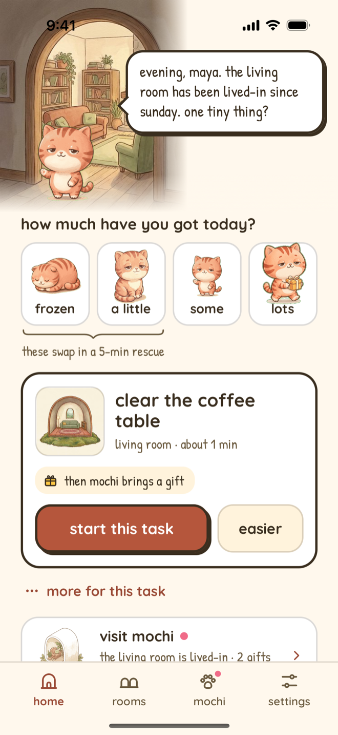 Nudge home screen on iPhone. Mochi stands in the living room doorway and says: evening, maya. the living room has been lived-in since sunday. one tiny thing? Below it, how much have you got today? with four Mochi choices, frozen, a little, some and lots, and a note that frozen and a little swap in a 5-min rescue. Then the next step, Clear the coffee table, living room, about 1 minute, then Mochi brings a gift, with Start this task and Easier buttons, More for this task, and a Visit Mochi card: the living room is lived-in, 2 gifts.