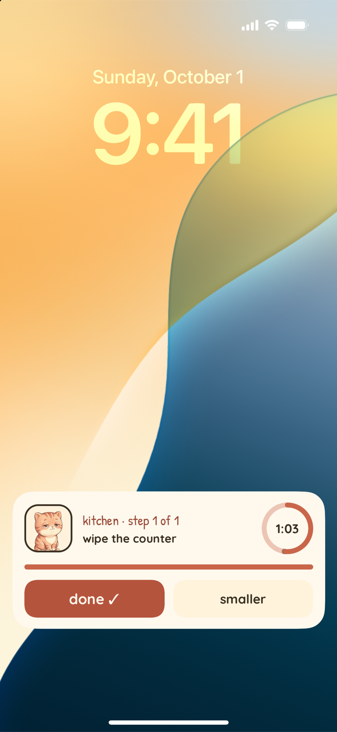 iPhone lock screen at 9:41 with the Nudge Live Activity: a tile with Mochi, kitchen, step 1 of 1, wipe the counter, a ring showing 1:03 left, a step bar, and done and smaller buttons.