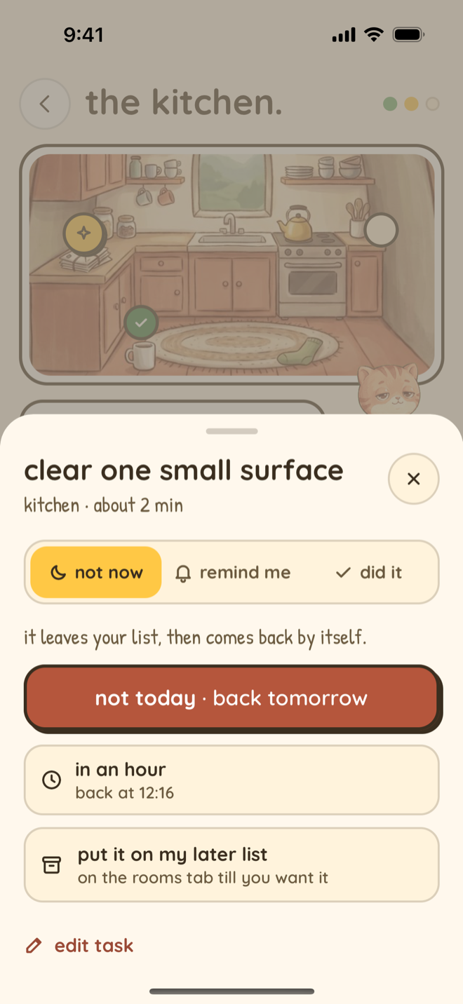 Nudge task sheet on iPhone over the kitchen page: Clear one small surface, kitchen, about 2 minutes, with not now selected beside remind me and did it. It says it leaves your list, then comes back by itself, above a Not today, back tomorrow button, In an hour, back at 12:16, Put it on my later list, on the rooms tab till you want it, and Edit task.