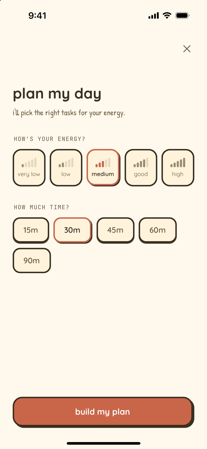 Nudge Plan my day on iPhone: I'll pick the right tasks for your energy. How's your energy, from very low to high with medium selected, how much time, from 15 to 90 minutes with 30 selected, and a Build my plan button.