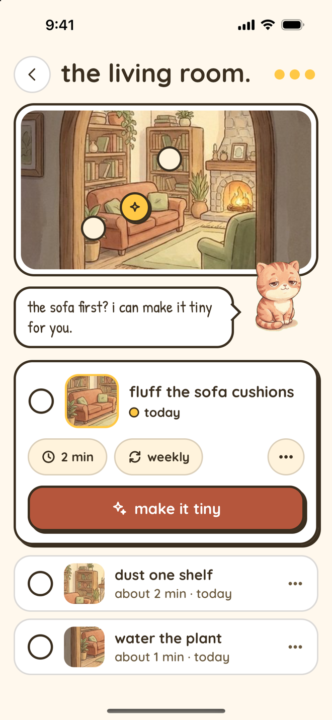The living room's page in Nudge on iPhone: a painting of the room through an arched doorway, with bookshelves, an orange sofa, a lit fireplace and an armchair, and three task pins, a star on the sofa for the picked task. Mochi sits beside a speech bubble: the sofa first? i can make it tiny for you. Below is the picked task, Fluff the sofa cushions, today, with 2 min and weekly chips and a Make it tiny button, then two more tasks: Dust one shelf, about 2 minutes, and Water the plant, about 1 minute.