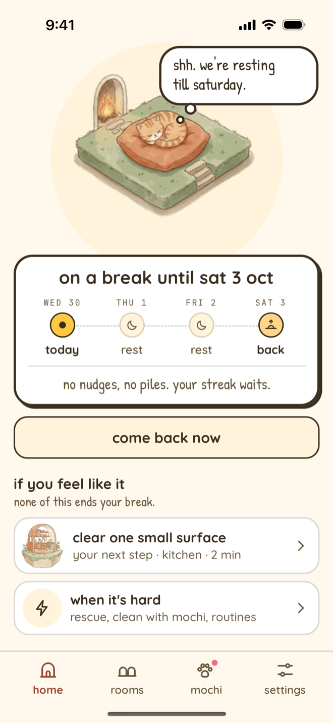Nudge home on a break, on iPhone: Mochi sleeps on a cushion by the fire and thinks shh. we're resting till saturday. A card reads on a break until sat 3 oct, with Wednesday 30 as today, Thursday and Friday as rest days and Saturday as back, and the line no nudges, no piles. your streak waits. Below are Come back now and, under if you feel like it, none of this ends your break, the next step Clear one small surface and When it's hard: rescue, clean with mochi, routines.