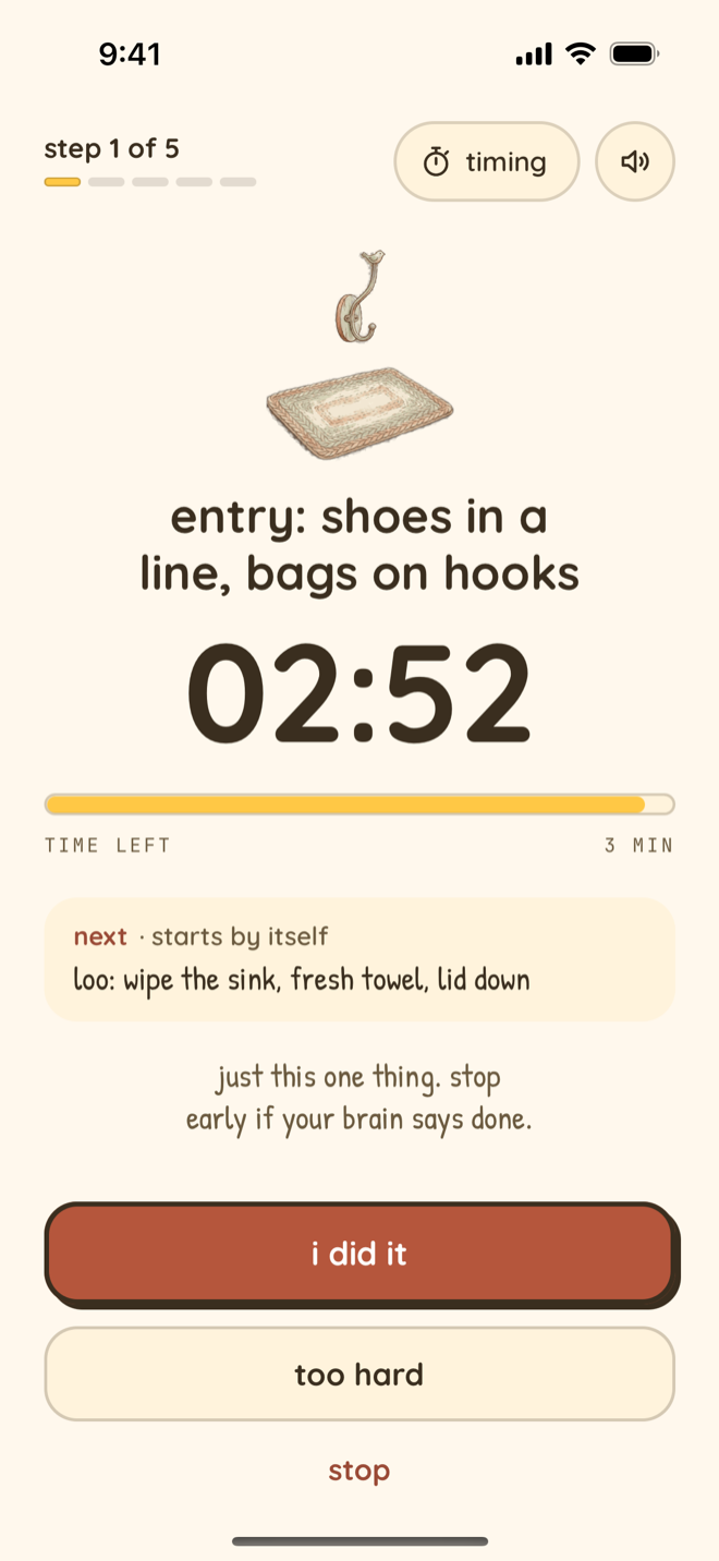 Nudge guided clean-along on iPhone, step 1 of 5: entry, shoes in a line, bags on hooks, with 02:52 left on a 3-minute timer and timing and sound buttons at the top. Below, the next step, loo: wipe the sink, fresh towel, lid down, starts by itself, the line just this one thing, stop early if your brain says done, and I did it, Too hard and Stop buttons.