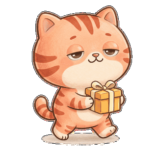 Mochi the cat carrying a wrapped gift